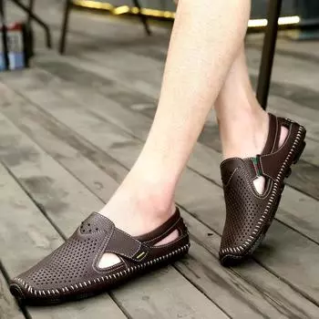 Summer Man s Sandals Soft Leather Men Shoes Slip Hollow Out Casual Fashion Trends Male Comfortable Driving Flats Daily Men Shoes 38 чёрный