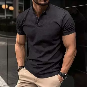 Summer Men s Button Sports Casual Thin Short Sleeved Polo Shirt S чёрный