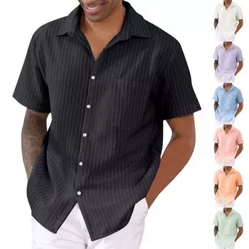 Summer Men s Lapel Button Short Sleeved Shirt Stripe Casual Top S чёрный