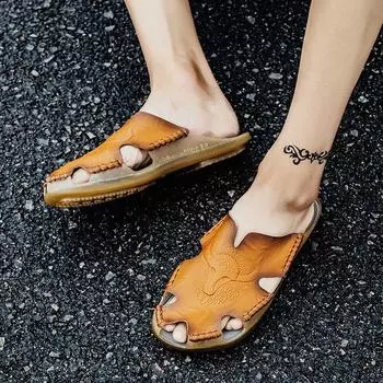 Summer Men s Leather Non-Slip Slippers Men Beach Sandals Comfortable Shoes Men Slippers Classics Men Flip Flops 48 чёрный