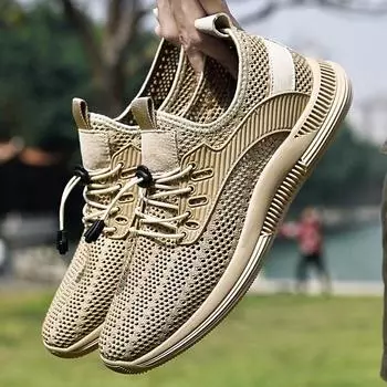 Summer Men s New Breathable Pig Skin Mesh Shoes Fashionable Outdoor Comfortable Anti Slip Low Top Men s Mountaineering Shoes 38 бежевый