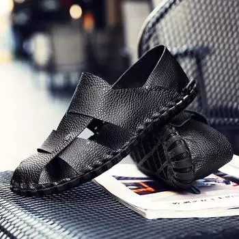 Summer men s sandals Low-cut leather flat-bottomed beach shoes, large size handmade stitching hole shoes H368 6 чёрный