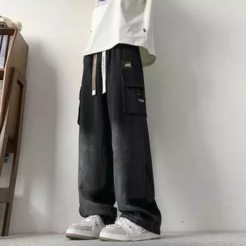 Summer Men s Straight Jeans Multi-Pockets Wide Leg Denim Cargo Pants Big Size Lightweight Baggy Jeans Trousers XXXXXXXL