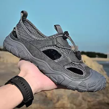 Summer new Baotou mesh sandals men s leather breathable hollow outdoor leisure travel shoes non-slip sand Shoes 38 чёрный