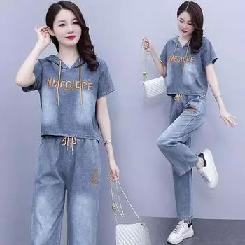 Summer New Denim Wide Legged Pants Set Women s Hooded Letter Cowboy Top+Trousers Female Fashion Casual Two Piece Sets S зелёный