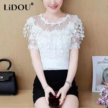 Summer New Elegant Fashion Lace Patchwork Hollow Out Blouse Female Short Sleeve Sweet Pullover Shirt Women Sexy All-match Top S розовый