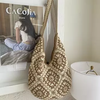 Summer new fashion hollow woven bag shoulder tote casual straw large capacity commuter bag хаки