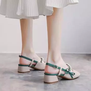Summer new flat bottom pointed head versatile gentle shoes low heel with skirt bag head single shoes women s tide 35 зелёный