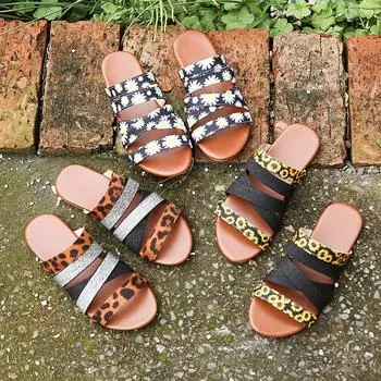 Summer New Flat Leisure Outdoor Slippers Women Europe and America Large Size with Cross Slippers 36 цветной печати леопарда