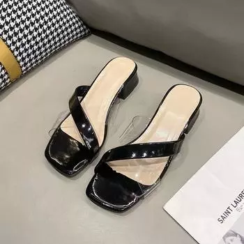 Summer New High Heel Simple Large Slippers Women 2024 Open Toe Solid Color Transparent Cross Band Sexy Sandals Women s 35 чёрный