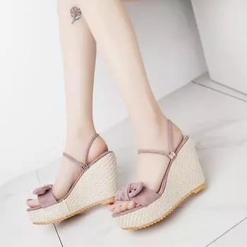 Summer new high-heeled women s sandals wedge heel thick-soled muffin shoes waterproof table women s shoes bow open-toed high-heeled sandals 35 жёлтый