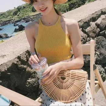 Summer New Korean Style Knitted Sleeveless Camisole Vest for Women To Wear Small Fresh Chic Slim Fit Halter Top One size