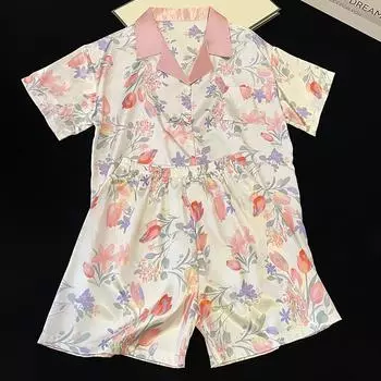 Summer New Ladies Sweet Satin Floral Printed Pajamas Set Short Sleeve+Pants Women Cute Homewear Casual Wear M