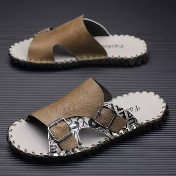 Summer new large size handmade leather casual outdoor men s slippers 38 чёрный