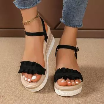 Summer new large size sandals wedge heel thick sole one word with buckle beach sandals European and American fashion women s sandals 35 абрикосовый