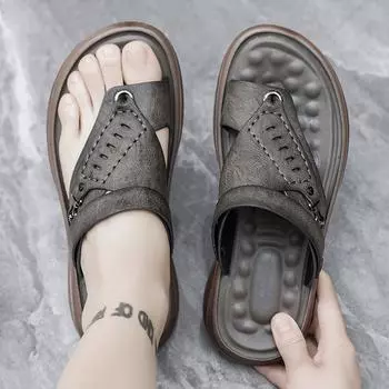 Summer New Men s Casual Comfortable Flip Flops Outdoor Beach Shoes Men Breathable Sandals British Leather Sandals 38 чёрный
