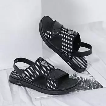 Summer New Men s Striped Beach Shoes Outdoor Men s Casual Shoes Indoor Outdoor Dual Purpose Sandals for Camping Travel Soft Sole 38 чёрный