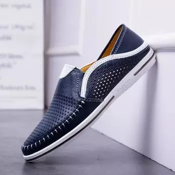 Summer New Men s True Leather Shoes Hollow Out Flat Shoes Breathable Men s Casual Shoes Color Matching Trend Men s Loafers 38 чёрный