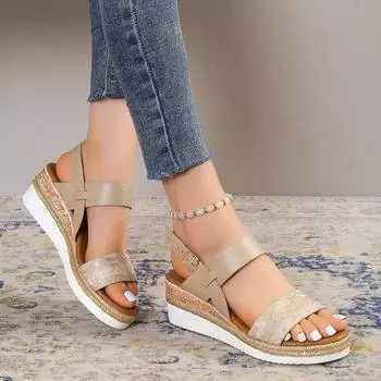 Summer New One Line Sandals Women s Casual Shoes Open Toe Slope Heels Large Sandals Women 40 чёрный