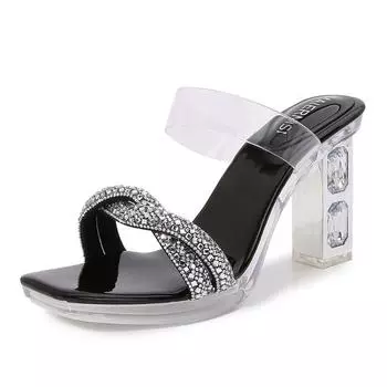 Summer new open-toed cool slippers for women to wear socialite temperament square head rhinestone cross with high heels 35