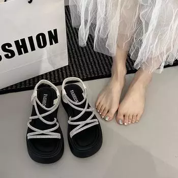 Summer new outer wear rhinestone platform sandals women s cross-strap high-end versatile elastic high-heeled strap sandals 35