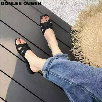 Summer new sandals large size flat bottom square head casual hollow beach shoes foreign trade women s slippers sandals 35 белый