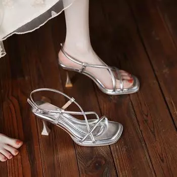 Summer New Simple Square Headed Slim Strap Thick Heel Sandals for Women, Straight Toe Open Toe Sandals for Women 35 серебряный
