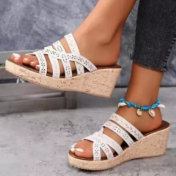 Summer new slope heel slippers foreign trade large size women s fish mouth cool slippers heightened waterproof table spot beach slippers 36 светло-коричневого