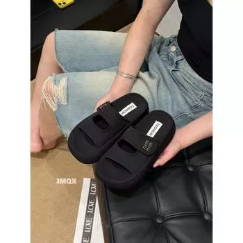 Summer new thick-soled one-word slippers women wear versatile muffin bottom beach cool slippers 35 чёрный