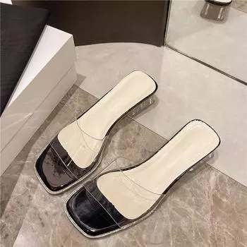 Summer new transparent high-heeled one-word cool slippers women s fashion crystal thick-heeled sandals 34 чёрный