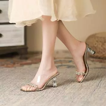 Summer new transparent one-word V-shaped sandals outer wear temperament sexy square head thick heel high heel sandals 34 золотой