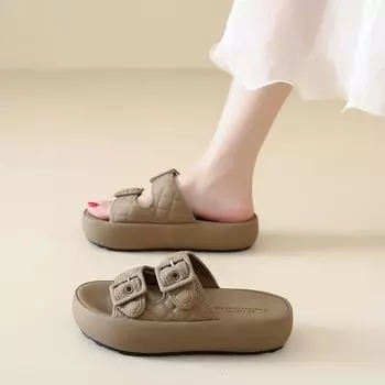 Summer new versatile casual platform one-word drag female student drag lightweight beach shoes 35 хаки