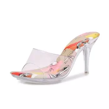 Summer open-toed high heels outer wear temperament colored cool slippers crystal transparent large size sandals supply 35
