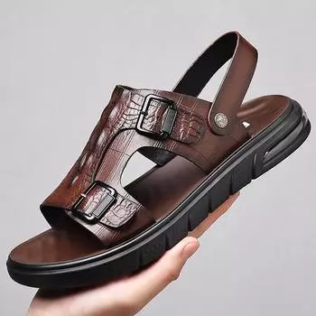Summer Outdoor Beach Sandals Men s Slippers Leather Men High-quality Shoes Leather Sandals for Men 2024 New Man s Walking Shoes 38 чёрный