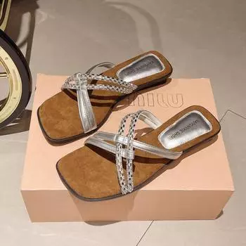 Summer Outside Modern Slippers Flat with Bling Women s Shoes on Sale 2025 Brand Solid Color Fashion Women s Slippers Chinelos 35 бежевый