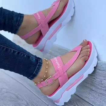 Summer Pink Women Sandals Platform Buckle Flip Flops New Beach Sandals Summer Open Toe Flip Flops for Women Sandals Wedges Shoes 35 розовый