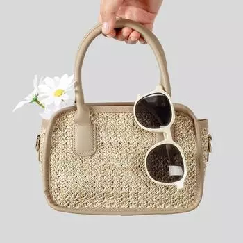 Summer PU Patchwork Braided Straw Bag Seaside Holiday Beach Bag Senior Sensens Pastoral Style Single Shoulder Crossbody Bag бежевый