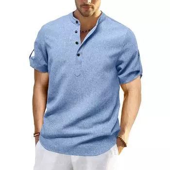 Summer Pull On Stand Collar Casual Shirts Men Solid Short Sleeve Fashion Pullover Tops Male Daily Vintage Loose Beach Shirt S серый