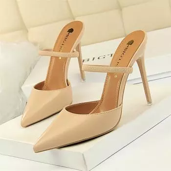 Summer Retro Simple Women Shallow Mouth Thin High Heels Mules Slingbacks Slippers Pointed Toe Hollow Wedding Slip On Pumps Shoes 34(Foot22cm)