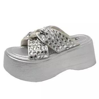 Summer Rhinestone Slippers Women s Chunky Sandals Fashion Women 8CM Wedges Platform Shoes Woman Open Toe Flats Beach Flip Flops 34 серебряный