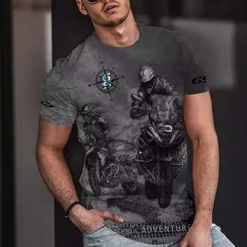 Summer Round Neck 3D Motorcycle Printed Top Fashionable Casual Short Sleeved Men s T-shirts S