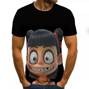 Summer Round Neck 3D Nezha Printed Top Fashionable Casual Short Sleeved Men s T-shirts XS