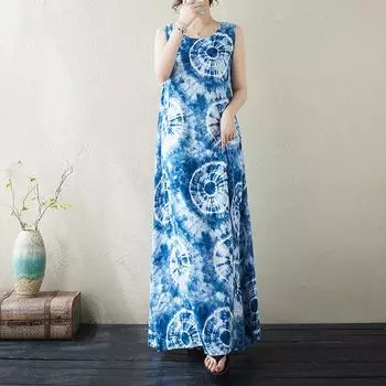 Summer Round Neck Tie Dye Blue Thin Silk Flower Vacation Style Big Sleeveless Vest Dress for Women Casual Dresses M