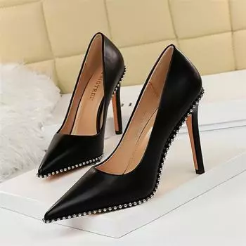 Summer Shallow Mouth Pointed Toe Rivets String Bead Women Pumps Thin High Heels Elegant Office Leather Party Single Shoes 34(Foot22cm)