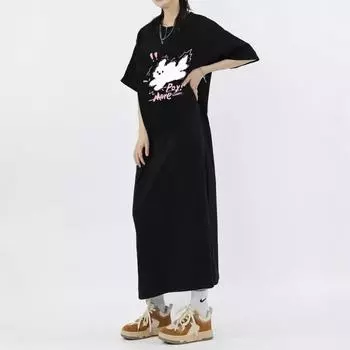 Summer Short-sleeved Mid-length Slit Dress for Women s Casual Wear M чёрный