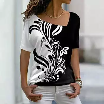 Summer Slanted Neck 3D Floral Pattern Printed Top Fashionable Casual Short Sleeved Women s T-shirts S фиолетовый