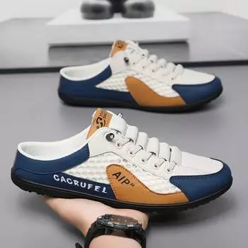 Summer Slippers Casual Shoes Men s Breathable Flat Shoes Man Fashion Half Drag Walking Shoe Outdoor Sports Shoes Zapatos Hombres 38 бежевый