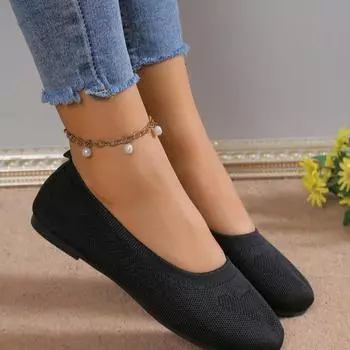 Summer Solid Color Square Toe Mesh Loafers Shallow Women Ballet Flats Shoes Soft Bottom Knit Casual Slip on Trainers Boat Shoes 36 чёрный