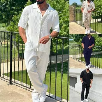 Summer Spring Men s Casual Loose Men s Button Open Shirt Short Sleeve Pants Set Home Vacation Thin Breathable Quick Drying Two-piece Set XS белый