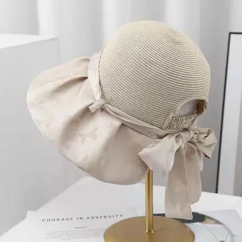 Summer sun protection sun hat female bow beach sun hat UV protection foldable bucket hat versatile M56-58cm бежевый